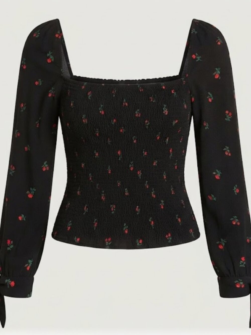 Reformation Black Red Floral Smocked Square Neck Blouse Size 8